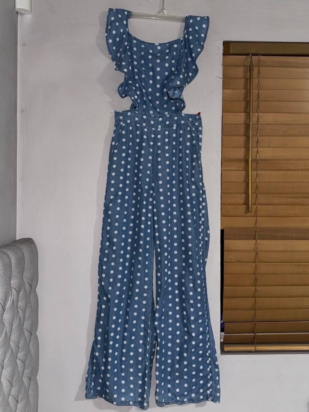 Fashion Nova Blue Polka Dot Ruffle Strap Jumpsuit